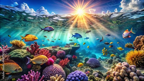 Vibrant coral reef scene with diverse marine life, schools of fish, and sunlight filtering down through crystal-clear turquoise water in a tranquil oceanic atmosphere.