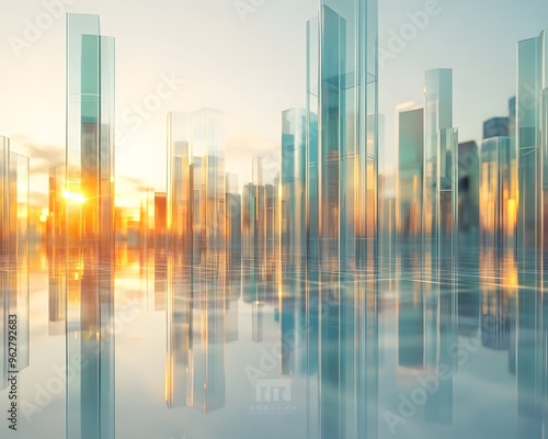 Glass Skyscrapers Reflecting the Sunset in a Cityscape 3D Illustration