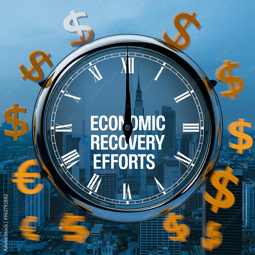Countdown to Economic Recovery Digital Clock with Spinning Currency Symbols Against a Blue-Tinted Cityscape, Representing Global Financial Efforts and Economic Growth Strategies Countdown to Economic Recovery Digital Clock with Spinning Currency Symbols Against a Blue-Tinted Cityscape, Representing Global Financial Efforts and Economic Growth Strategies