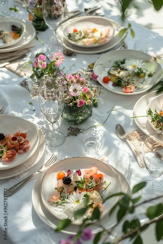 Outdoor dining scene features beautifully set table with white plates, flowers, and utensils. Tranquil setting in rich green trees creates perfect atmosphere for relaxing meal or special occasion.