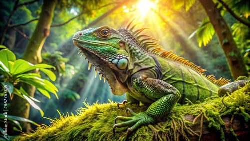 Vibrant green iguana perches on a moss-covered tree branch amidst lush foliage in a sun-dappled tropical rainforest, photo