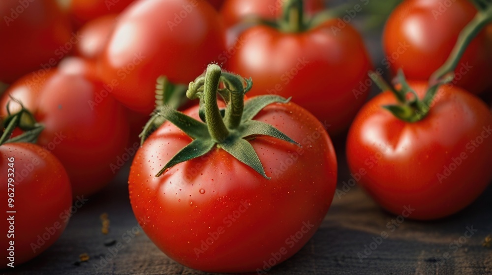 A bunch of bright red tomatoes on an organic farm tomato plant A bunch of bright red tomatoes on an organic farm tomato plant