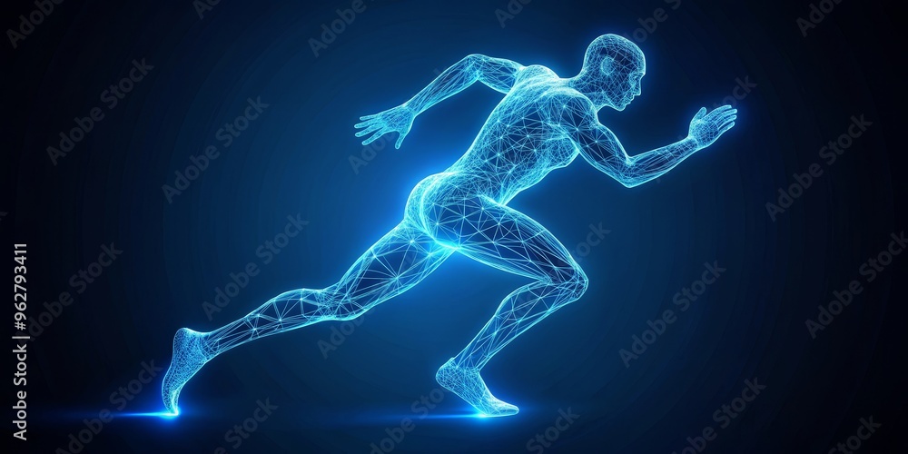 Digital Runner Wireframe Representation of a Man Running, Blue Glow, Futuristic Sports, Athlete, Technology, Movement, Digital Art Digital Runner Wireframe Representation of a Man Running, Blue Glow, Futuristic Sports, Athlete, Technology, Movement, Digital Art