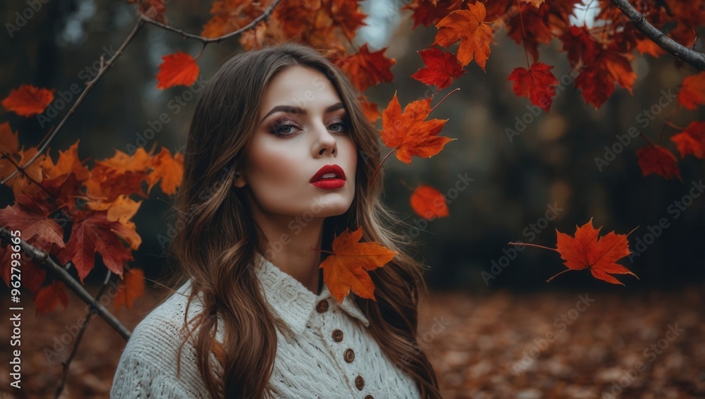 A woman is standing in front of a tree with red leaves falling A woman is standing in front of a tree with red leaves falling