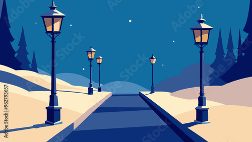 Snow-covered street with vintage lampposts in the night glowing warmly. vector illustration 
