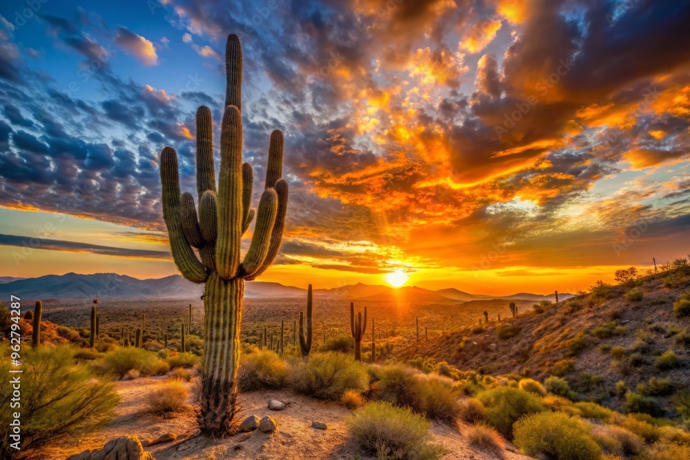 Vibrant orange sunset casts a warm glow on a majestic Saguaro cactus standing tall amidst the arid, rocky Vibrant orange sunset casts a warm glow on a majestic Saguaro cactus standing tall amidst the arid, rocky