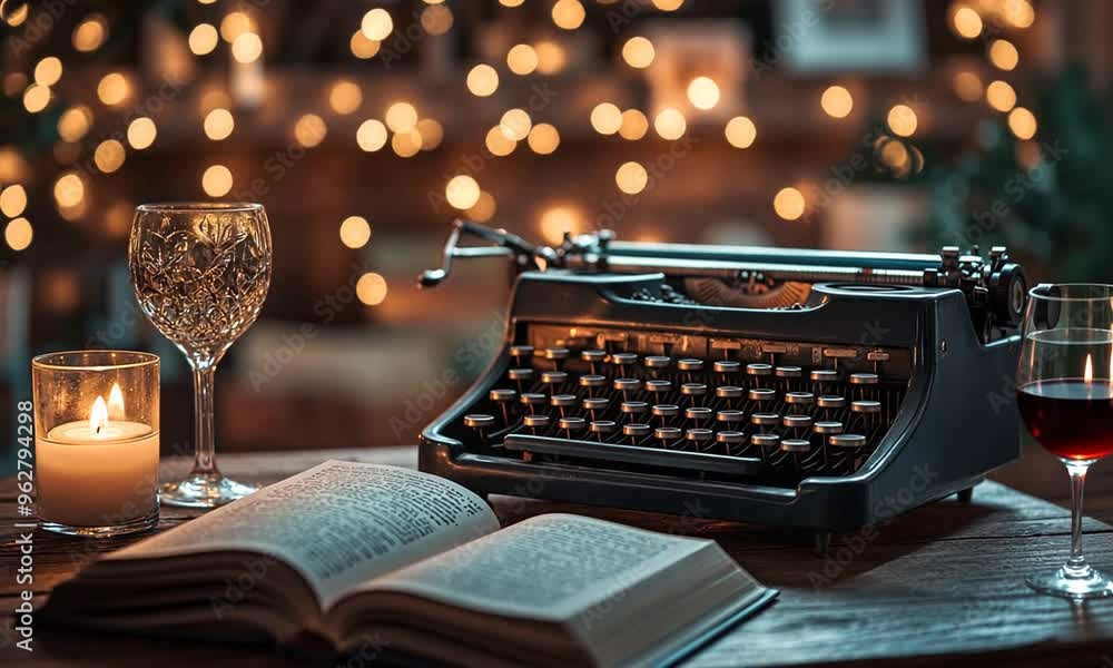 Vintage Typewriter, Wine, and Candle: A Cozy Writing Scene