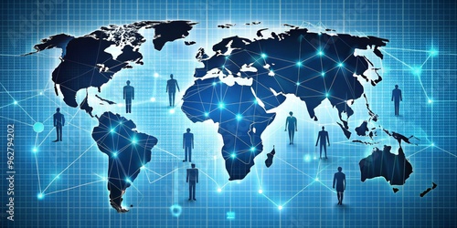 Global Network of People on Blue Grid Background, World Map, Digital Network, Globalization, Connectivity, International