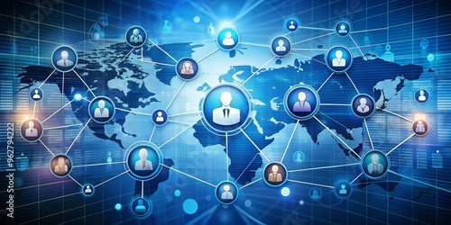 Global Network of People, Connected by Lines, World Map, Blue Background, Digital, Data, Connection. global network