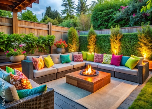 Vibrant outdoor living space with comfortable lounge seating, colorful geometric pillows, and lush greenery surrounding photo