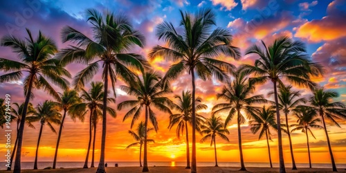 Golden Hour Palms, Tropical Sunset, Beach, Palm Trees, Paradise, Silhouette, Nature