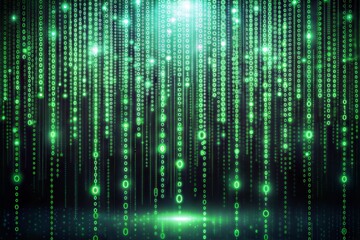 Futuristic digital matrix with falling green code in cyberspace at night