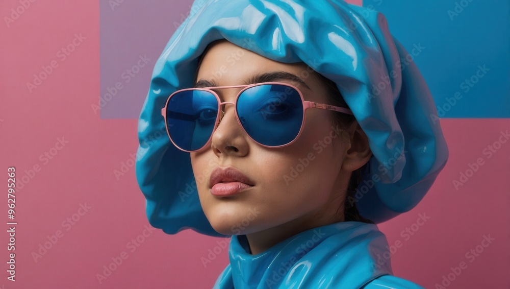 A woman wearing a blue hat and sunglasses is posing for a photo A woman wearing a blue hat and sunglasses is posing for a photo