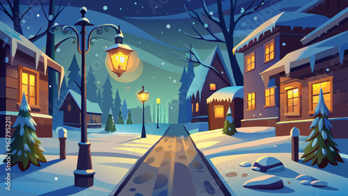 Snow-covered street with vintage lampposts in the night glowing warmly. vector illustration 
