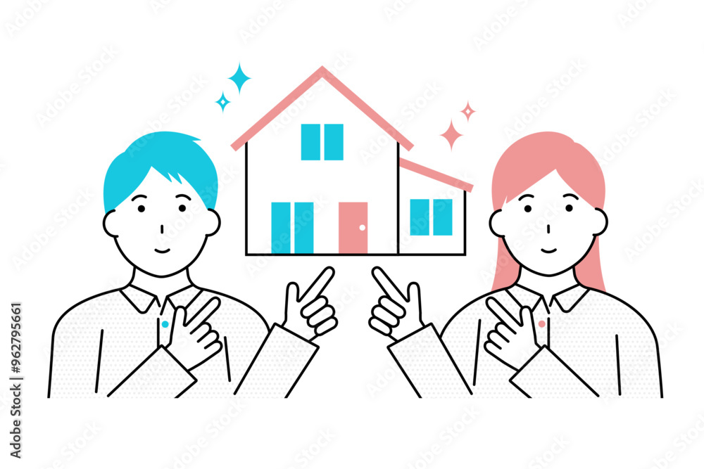 住宅を指差しする若いカップル・夫婦のイラスト 住宅を指差しする若いカップル・夫婦のイラスト