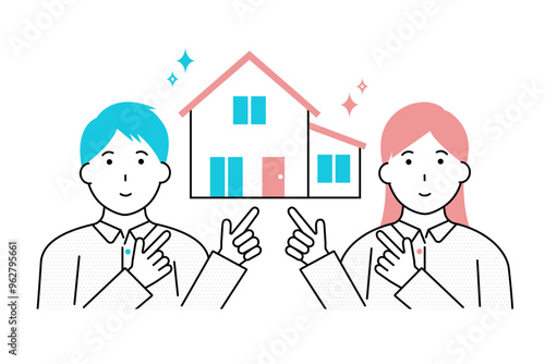 住宅を指差しする若いカップル・夫婦のイラスト
