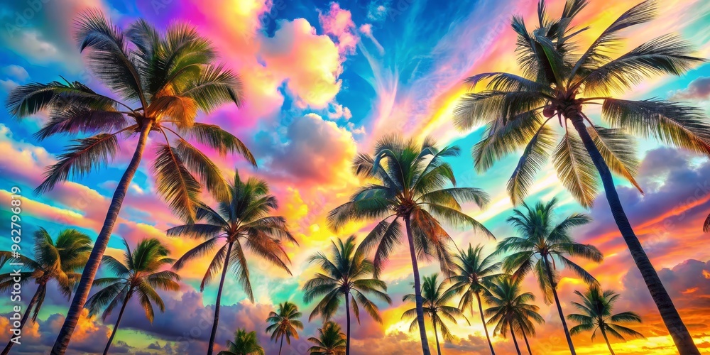 Palm Trees Silhouetted Against a Vibrant Sunset, Digital Art, Palm Trees, Sunset, Tropical, , Palm Trees Silhouetted Against a Vibrant Sunset, Digital Art, Palm Trees, Sunset, Tropical, ,