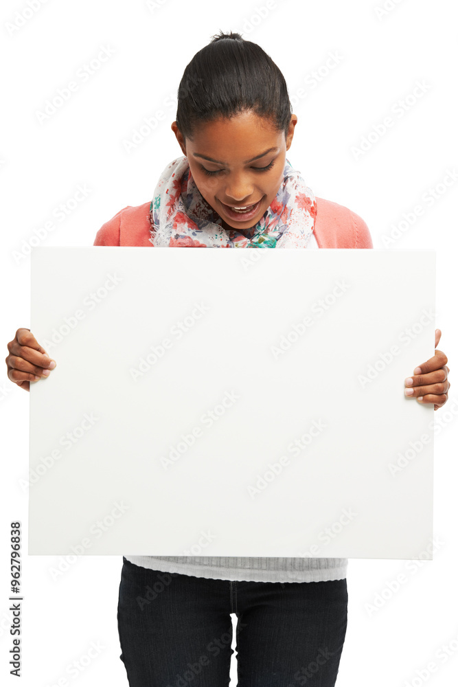 Happy woman, billboard and advertising with mockup for campaign, message or alert on a white studio background. Young, female person or model with poster or space for marketing, notification or sale Happy woman, billboard and advertising with mockup for campaign, message or alert on a white studio background. Young, female person or model with poster or space for marketing, notification or sale