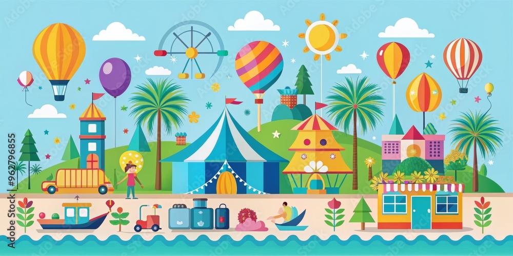 Paper Cutout Illustration of a Fun Fair with Colorful Hot Air Balloons and a Ferris Wheel, illustration, paper cut, fair, amusement park Paper Cutout Illustration of a Fun Fair with Colorful Hot Air Balloons and a Ferris Wheel, illustration, paper cut, fair, amusement park