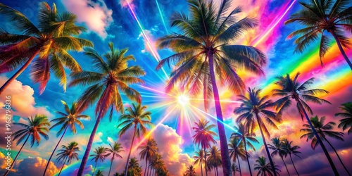 Wallpaper Mural Palm Trees Silhouetted Against a Vivid Sunset Sky, Digital Art, Palm Trees, Sunset, Tropical, , Torontodigital.ca