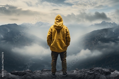 Man in yellow raincoat standing on top of the mountain and looking at the foggy valley