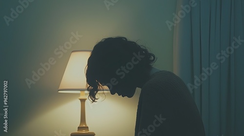 Silhouette of a crestfallen woman inside a dark foggy bedroom, concept of depression and mental health. photo