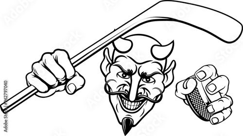 A devil or satan ice hockey sports mascot cartoon character holding a puck and stick
