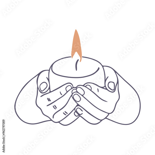 Thin line drawing of hands holding candle. Symbol of prayer and church concept in simple linear style. Doodle outline illustration. Memorial linear symbol.