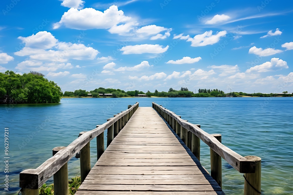 Naklejka premium Wooden pier in the sea and blue sky with white clouds.