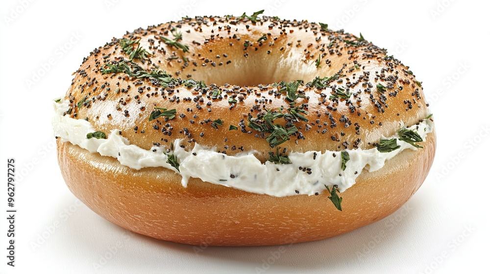Bagel with cream cheese, from front, isolated on white background Bagel with cream cheese, from front, isolated on white background