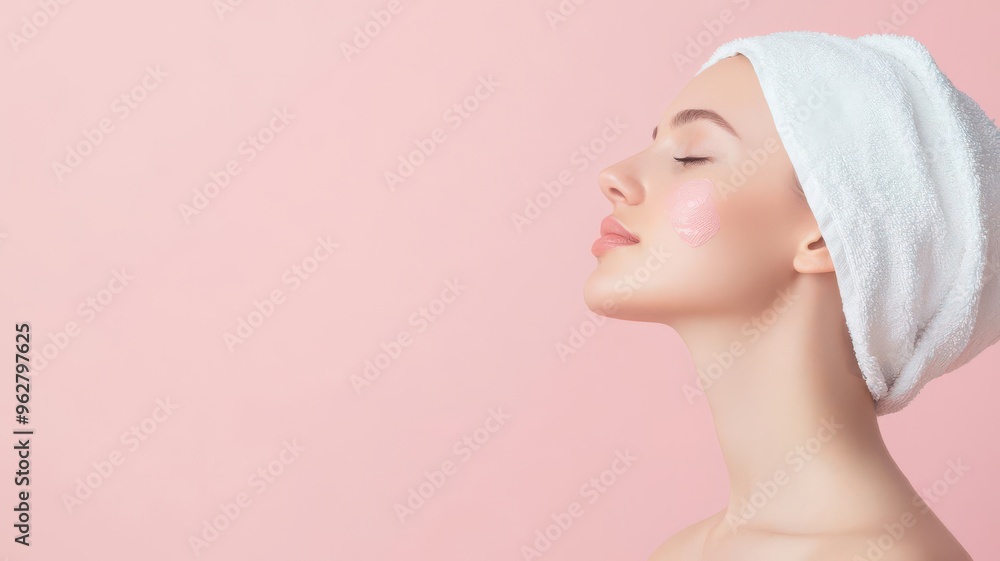 Woman with a towel turban applying moisturizer to her neck, fresh and simple, pastel hues Woman with a towel turban applying moisturizer to her neck, fresh and simple, pastel hues