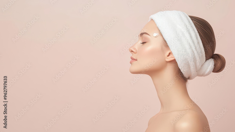 Woman with a towel turban applying moisturizer to her neck, fresh and simple, pastel hues Woman with a towel turban applying moisturizer to her neck, fresh and simple, pastel hues
