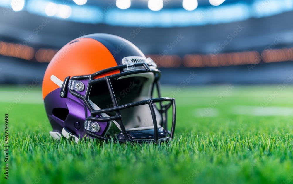 American football and helmet on grass in stadium American football and helmet on grass in stadium