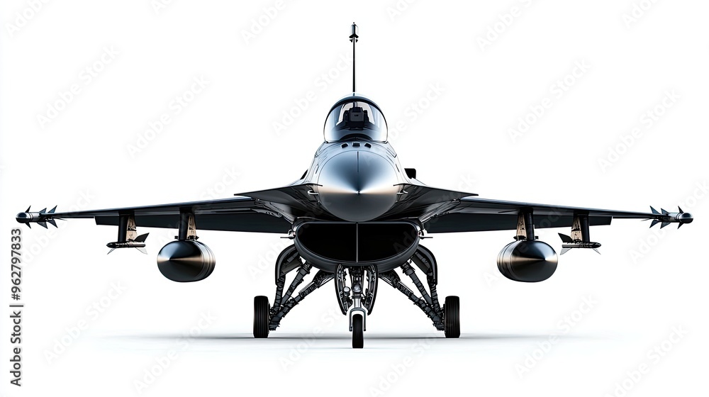 Fototapeta premium Jet fighter plane, from front, isolated on white background