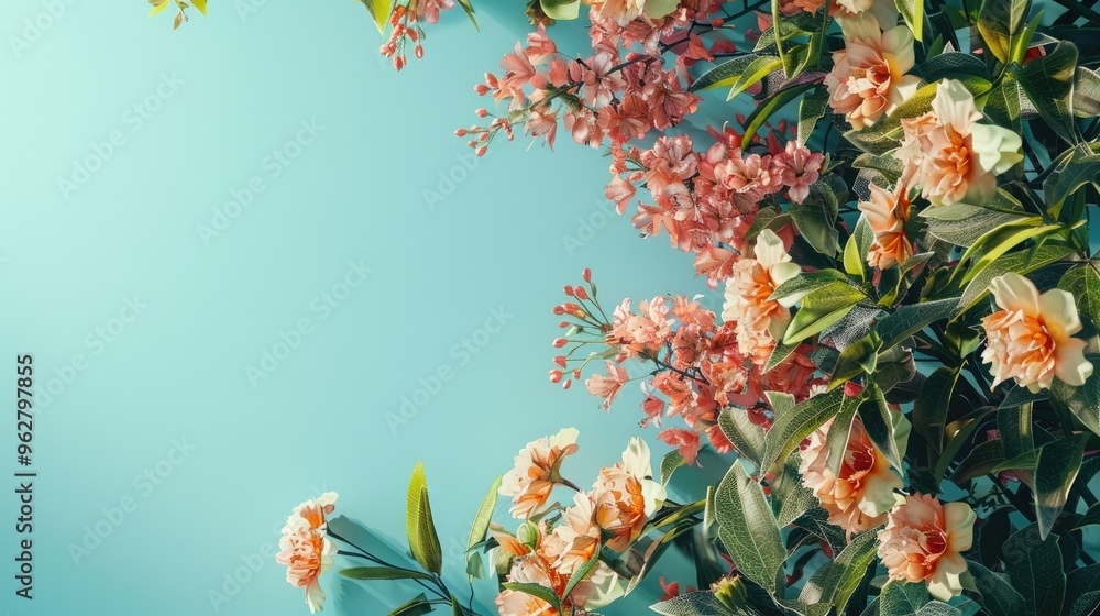 Summer scene mockup featuring flowers on a blue background for product presentation. Summer scene mockup featuring flowers on a blue background for product presentation.