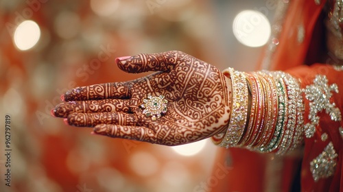 Bridea hand covered in traditional henna (mehndi) design during a wedding ceremony, showcasing cultural beauty in intricate detail. photo