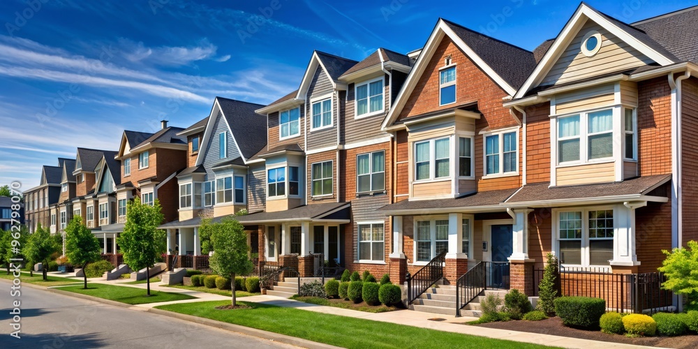 Suburban Townhomes Under a Blue Sky, Digital Illustration, Row of Houses, Real Estate, New Construction , Townhome, Home Suburban Townhomes Under a Blue Sky, Digital Illustration, Row of Houses, Real Estate, New Construction , Townhome, Home