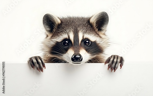 Curious Raccoon Peeking Over White Table | Playful Raccoon Isolated on Clear Background