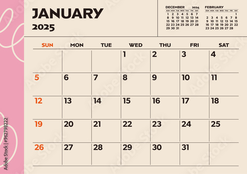 Simple desktop calendar for 2025: January, with writing space