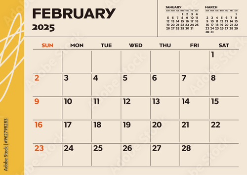 Simple desktop calendar for 2025: February, with writing space