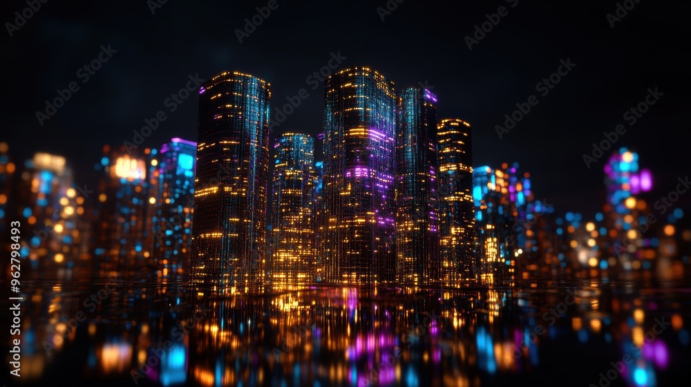 Fototapeta premium A vibrant futuristic city at night, featuring glowing neon skyscrapers in blue, purple, and orange hues, reflecting off the water.