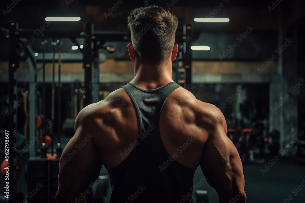 Muscular man in workout tank top, poised for exercise in dimly lit gym environment. Strong male athlete focused on physical training and bodybuilding. Muscular man in workout tank top, poised for exercise in dimly lit gym environment. Strong male athlete focused on physical training and bodybuilding.
