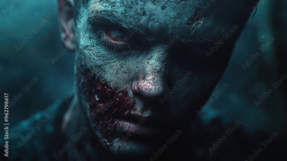 A man with a bloody face and red eyes A man with a bloody face and red eyes