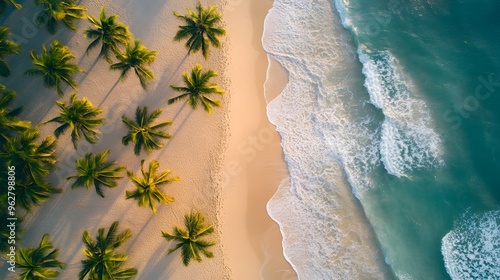 tropical beach scene at sunset, captured from a low angle, looking up at swaying palm trees that line the shore, their silhouettes contrasting against a colorful