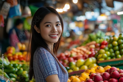 Woman exploring a bustling local market, with colorful fruits and vegetables around her.