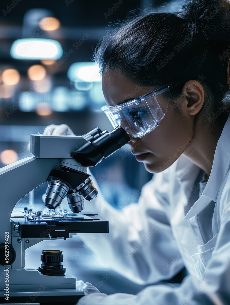 A woman wearing a lab coat and goggles is looking through a microscope