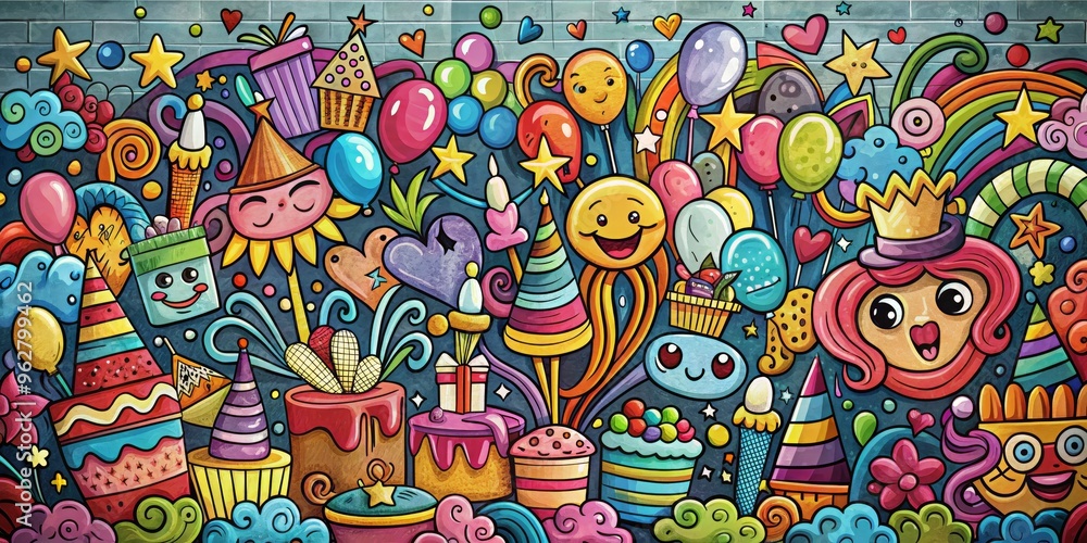 Fototapeta premium A Colorful Celebration of Fun, Birthday Party Doodle Art, Brick Wall Background, Happy Birthday Party Theme, Balloons, Cake, Party Hats