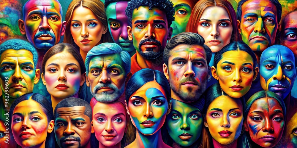 Obraz premium A Mosaic of Faces Digital Painting of Diverse Individuals, Abstract, Color, Portrait, Human, Expression, Diversity