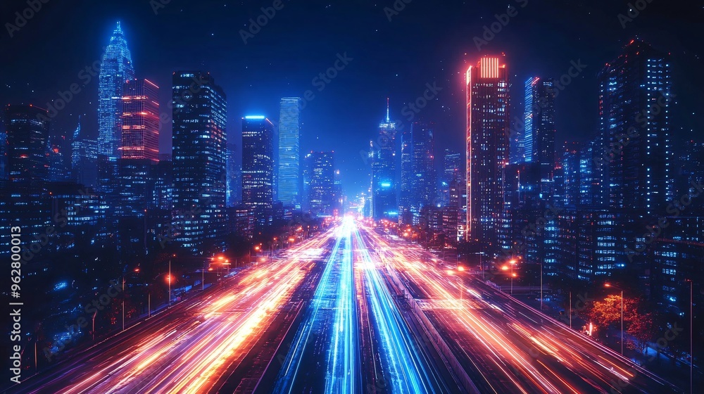 Night Cityscape with Neon Lights and Traffic Trails Night Cityscape with Neon Lights and Traffic Trails