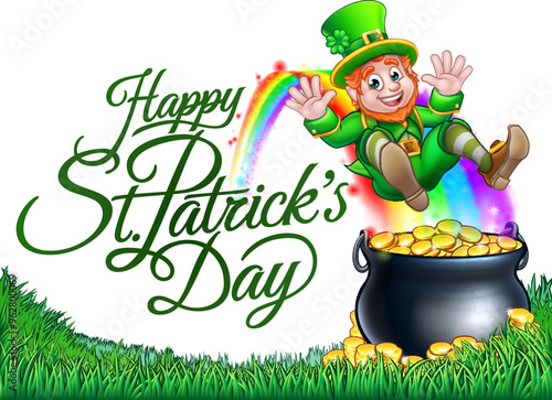 A Happy St Patricks day leprechaun and pot of gold coins at the end of the rainbow illustration design